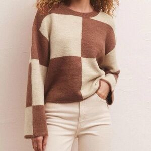Z Supply Checkered Sweater - Brown and Cream